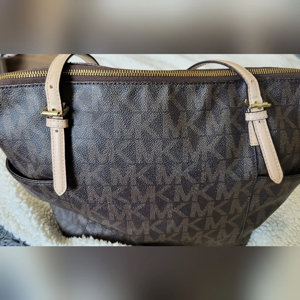 Michael Kors Tan and Brown Signature East West Tote with Monogram Design*used*